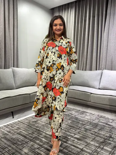 [2442] Midnight Floral Printed Pure Cotton Kurta Set