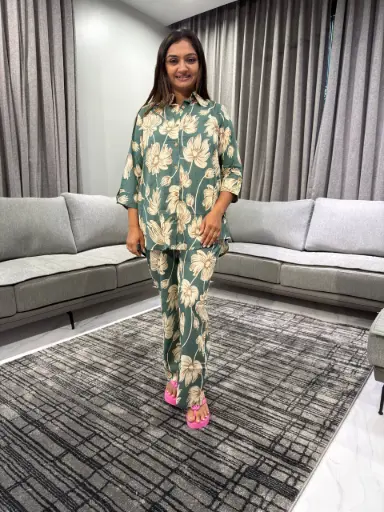 [2444] Emerald Floral Printed Pure Cotton Co-Ord Set