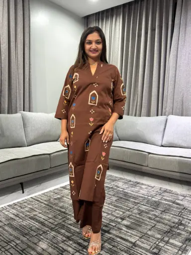[2445] Cocoa Floral Motif Pure Cotton Kurta Set