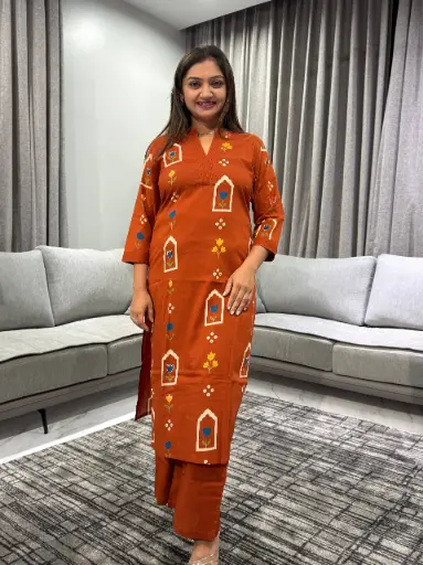 [2446] Rust Heritage Motif Pure Cotton Kurta Set
