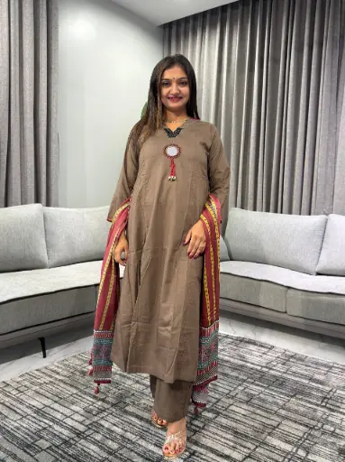 [2449] Mocha Heritage Pure Cotton 3-Piece Kurta Set