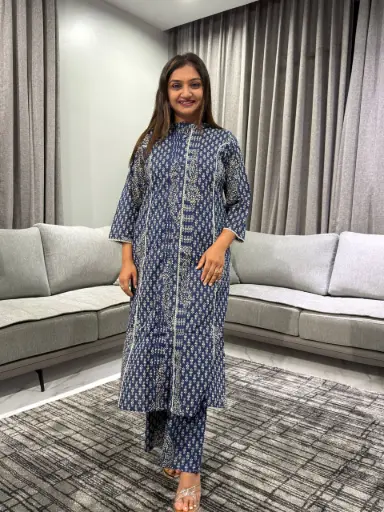 [2454] Royal Indigo Pure Cotton Printed Kurta Set