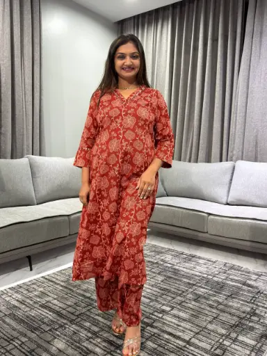 [2456] Scarlet Blossom Pure Cotton Printed Kurta Set