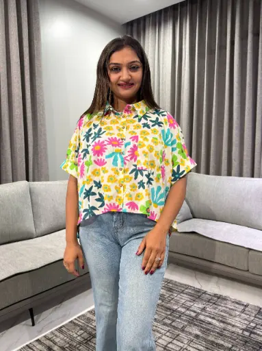 [2438] Bloom Garden Pure Cotton Printed Shirt Top