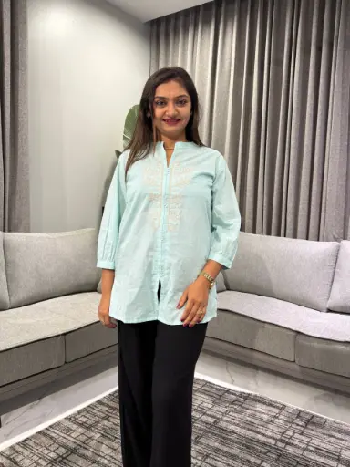[2460] Mint Leaf Embroidered Pure Cotton Tunic