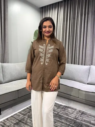 [2461] Olive Leaf Embroidered Pure Cotton Tunic