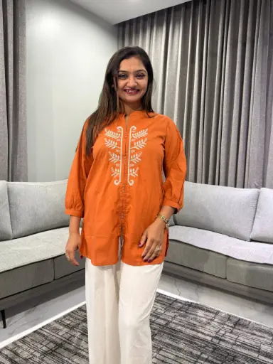 [2462] Rust Leaf Embroidered Pure Cotton Tunic