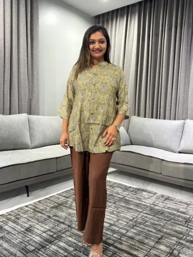 [2466] Olive Heritage Pure Crepe Co-Ord Set