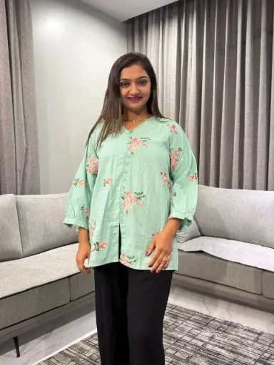 [2469] Mint Green Floral Slub Cotton Tunic