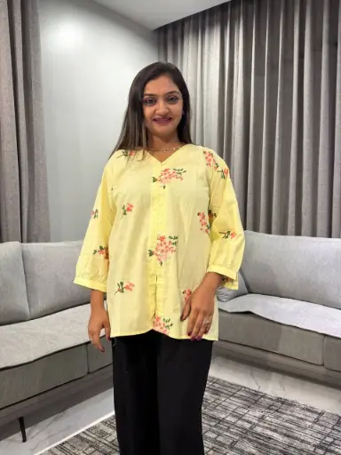 [2470] Pastel Yellow Floral Slub Cotton Tunic