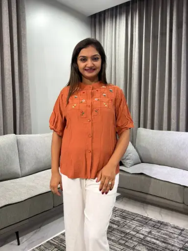 [2474] Rust Terracotta Embroidered Soft Linen Top
