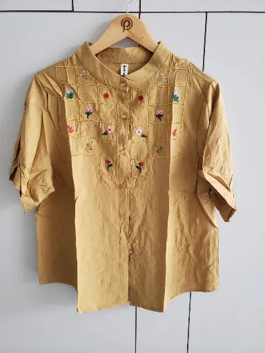 [2475] Mustard Yellow Embroidered Soft Linen Top
