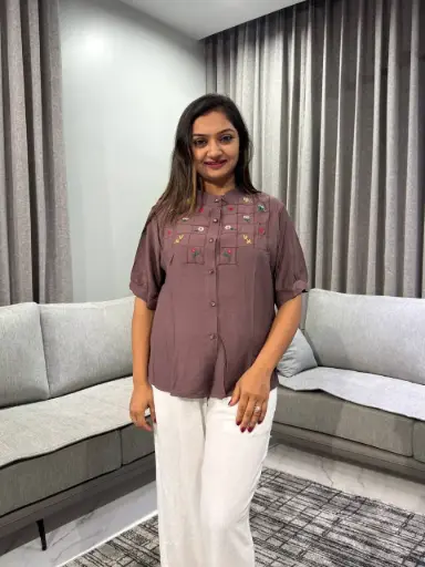 [2477] Mauve Taupe Embroidered Soft Linen Top