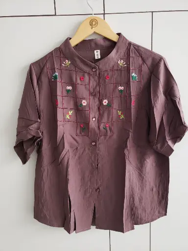 [2477] Mauve Taupe Embroidered Soft Linen Top