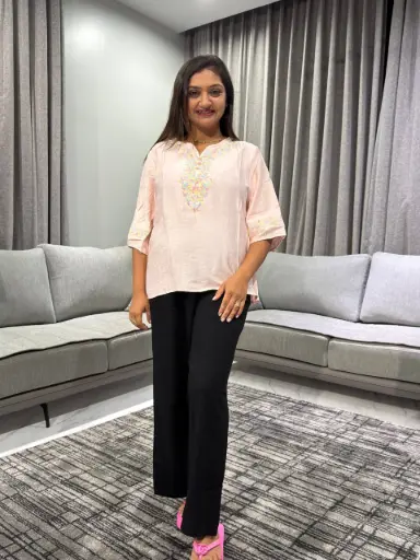 [2478] Pastel Pink Embroidered Soft Linen Top
