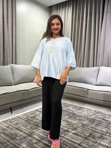 [2479] Pastel Sky Blue Embroidered Soft Linen Top