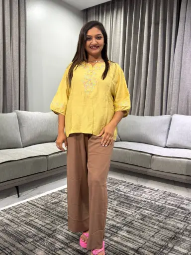 [2480] Olive Chartreuse Embroidered Soft Linen Top
