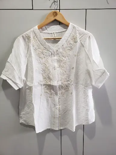 [2484] Pristine White Floral Embroidered Soft Linen Top