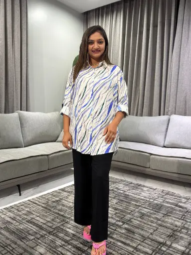 [2488] Blue Abstract Wave Printed Premium Linen Long Shirt