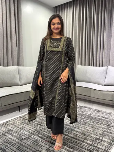 [2507] Black Mirror Work Printed Cotton Kurta Set