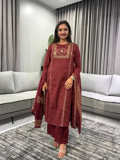 [2508] Signature Burgundy Gold Bandhani Kurta Set