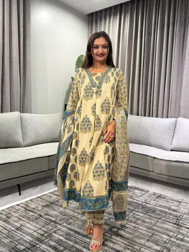 [2509] Beige Floral Block Print Cotton Kurta Set