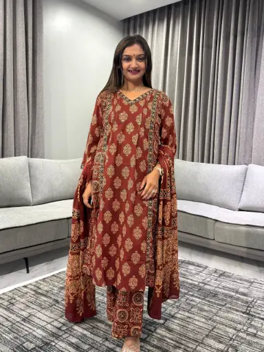 [2512] Maroon Ajrakh Hand Block Printed Cotton Kurta Set