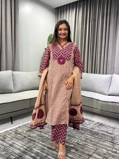 [2513] Purple Geometric Chevron Printed Cotton Kurta Set