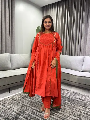 [2514] Rust Red Embroidered Anarkali Cotton Kurta Set