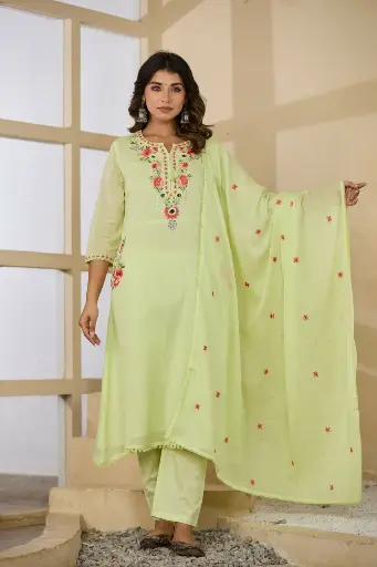 [2515] Pastel Green Embroidered Mull Cotton Kurta Set