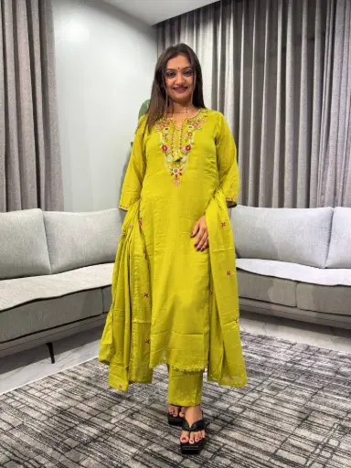 [2516] Olive Green Embroidered Mull Cotton Kurta Set