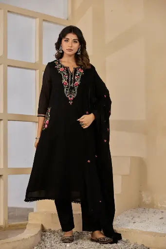 [2517] Midnight Black Embroidered Mull Cotton Kurta Set