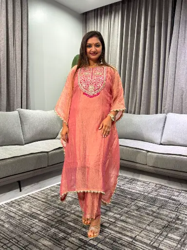 [2518] Rose Glow Pure Glass Tissue Kurta Set