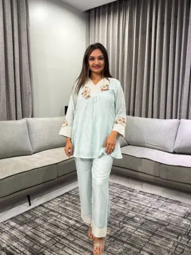 [2522] Sky Bloom Pure Chanderi Co-ord Set
