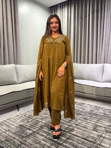 [2529] Olive Luxe Mirror Embroidered Mull Cotton Kurta Set