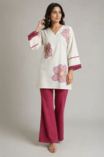 [2541] Off-White & Magenta Floral Embroidered Cotton Co-ord Set