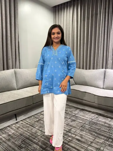 [2553] Slate Blue Bandhani Print Cotton Tunic