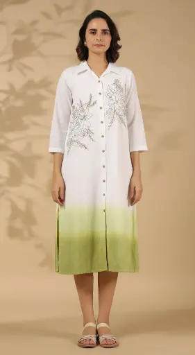 [2555] White & Sage Green Ombré Floral Shirt Dress