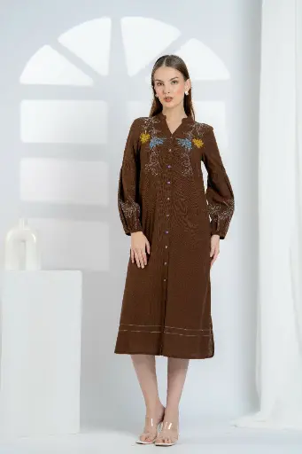 [2558] Chocolate Brown Floral Embroidered Long Cotton Dress