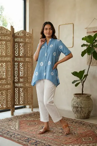 [2559] Sky Blue Shibori Print High-Low Cotton Co-Ord Set