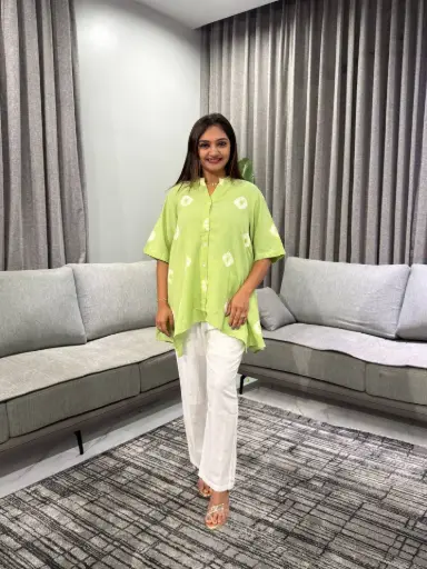 [2561] Sage Green Shibori Print High-Low Cotton Co-Ord Set