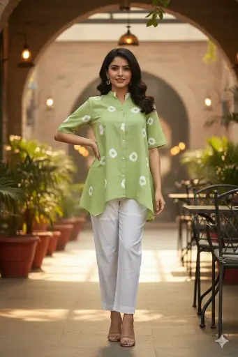 [2561] Sage Green Shibori Print High-Low Cotton Co-Ord Set