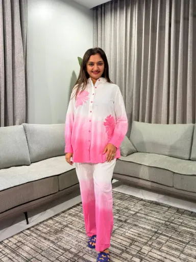 [2562] Pink Ombré Floral Embroidered Cotton Co-Ord Set