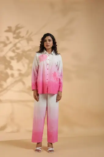 [2562] Pink Ombré Floral Embroidered Cotton Co-Ord Set