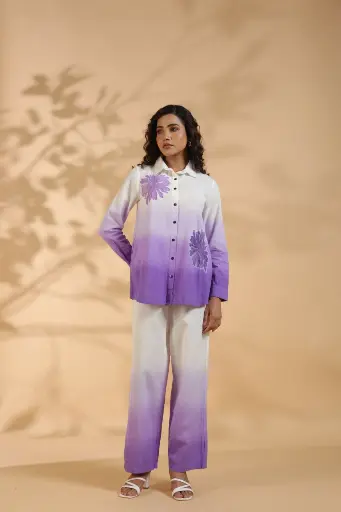 [2563] Purple Ombré Floral Embroidered Cotton Co-Ord Set