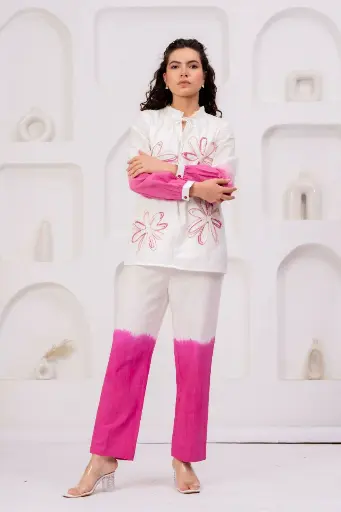 [2564] Pink Dip-Dye Floral Embroidered Cotton Co-Ord Set