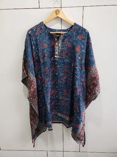 [2572] Teal Blue Kalamkari Floral Natural Crepe Kaftan Top