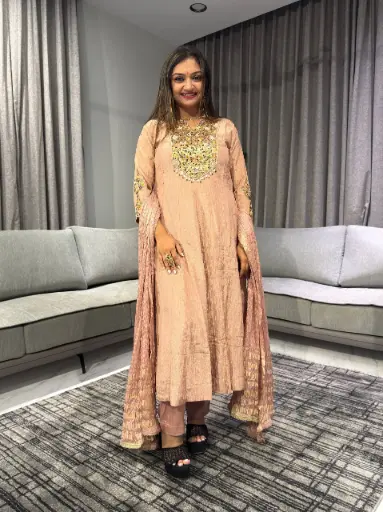 [2577] Blush Pink Crush Glass Tissue Hand Worked Kurta Set