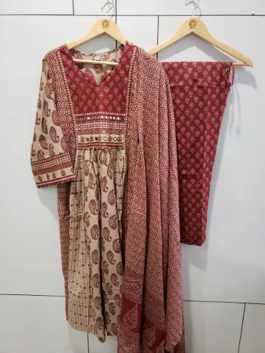 [2578] Maroon & Beige Ajrakh Printed Cotton Kurta Set with Dupatta