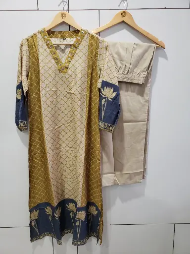 [2579] Mustard & Cream Mull Chanderi Lotus Print Kurta Set